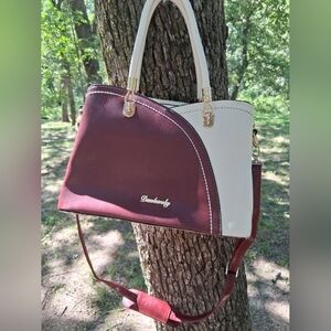 Burgundy and Cream Women's Handbag
